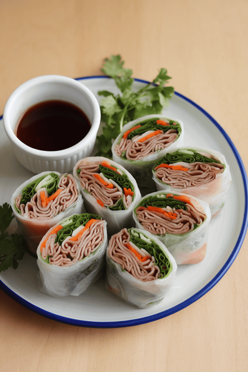 Photo prompt: Indoor plate of sliced spring rolls showing chilled soba noodles, julienned veggies, and herbs inside rice paper; dipping sauce cup nearby, no logos, no text.