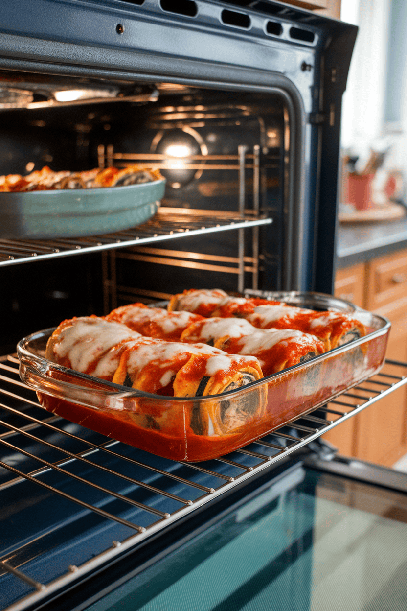 Indoor oven rack view of a baking dish containing spinach-ricotta stuffed lasagna roll-ups topped with marinara and melted mozzarella; photo, no logos or text.