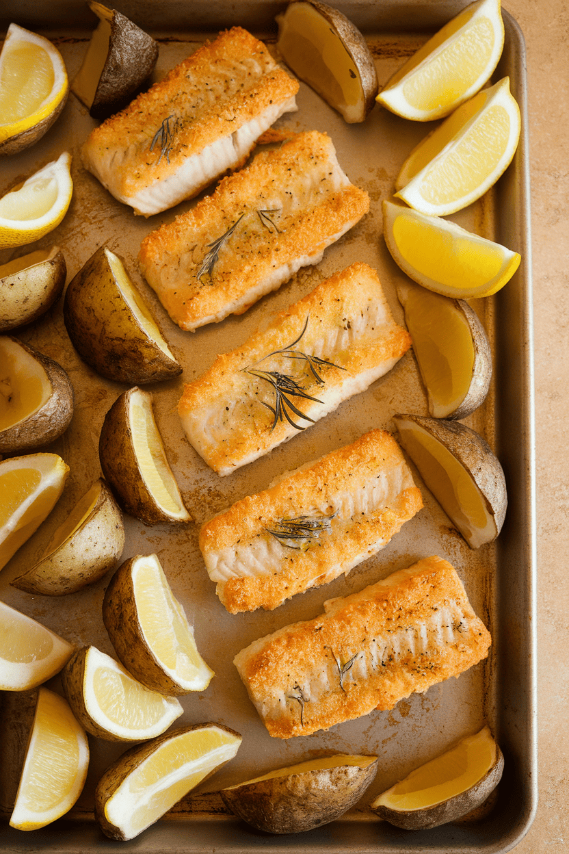 An indoor sheet pan divided between golden baked fish sticks and crispy potato wedges, lemon slices on the side. No text or logos visible.