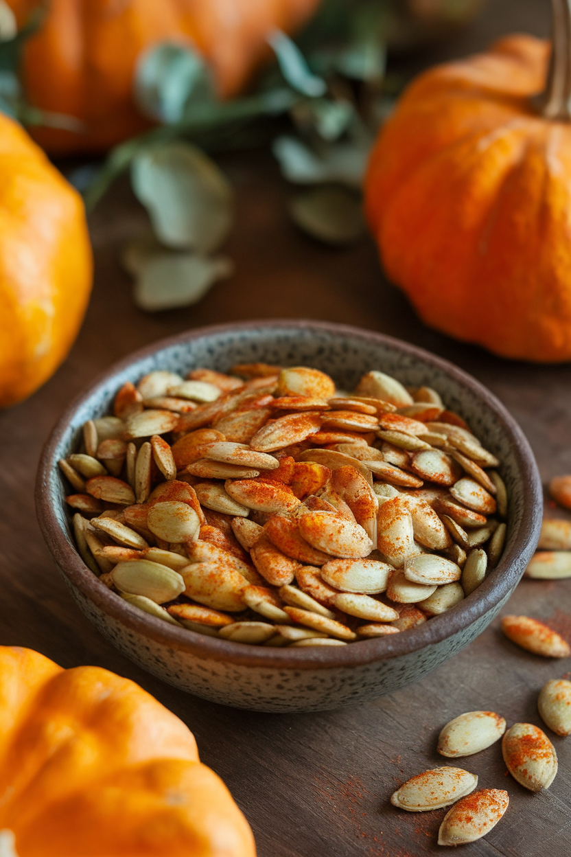 A rustic indoor bowl of roasted pumpkin seeds seasoned with smoked paprika, no text or logos.