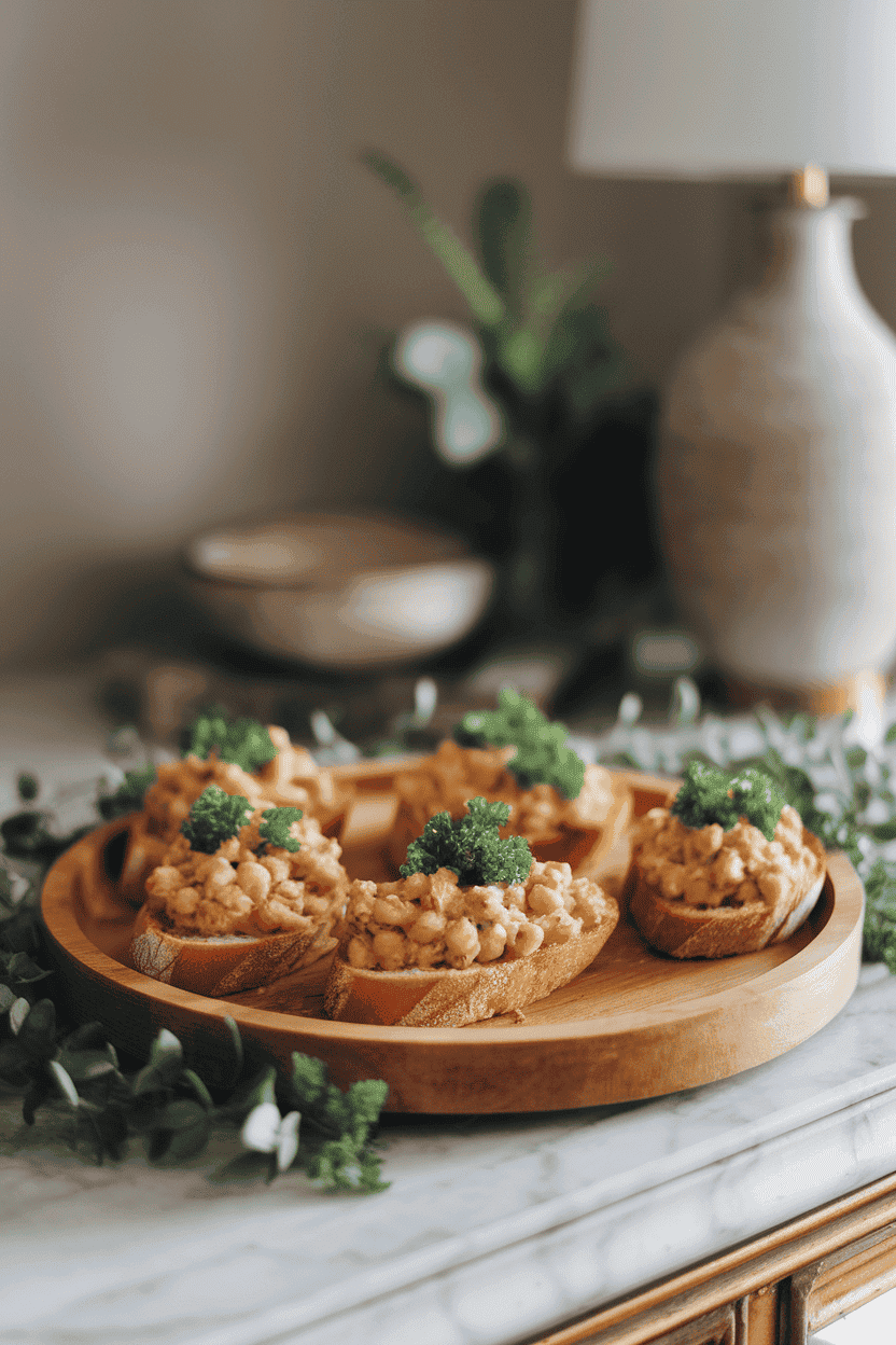 An indoor tray with toasted baguette slices topped with mashed chickpea salad and parsley; no text or logos. Photo, not illustration.