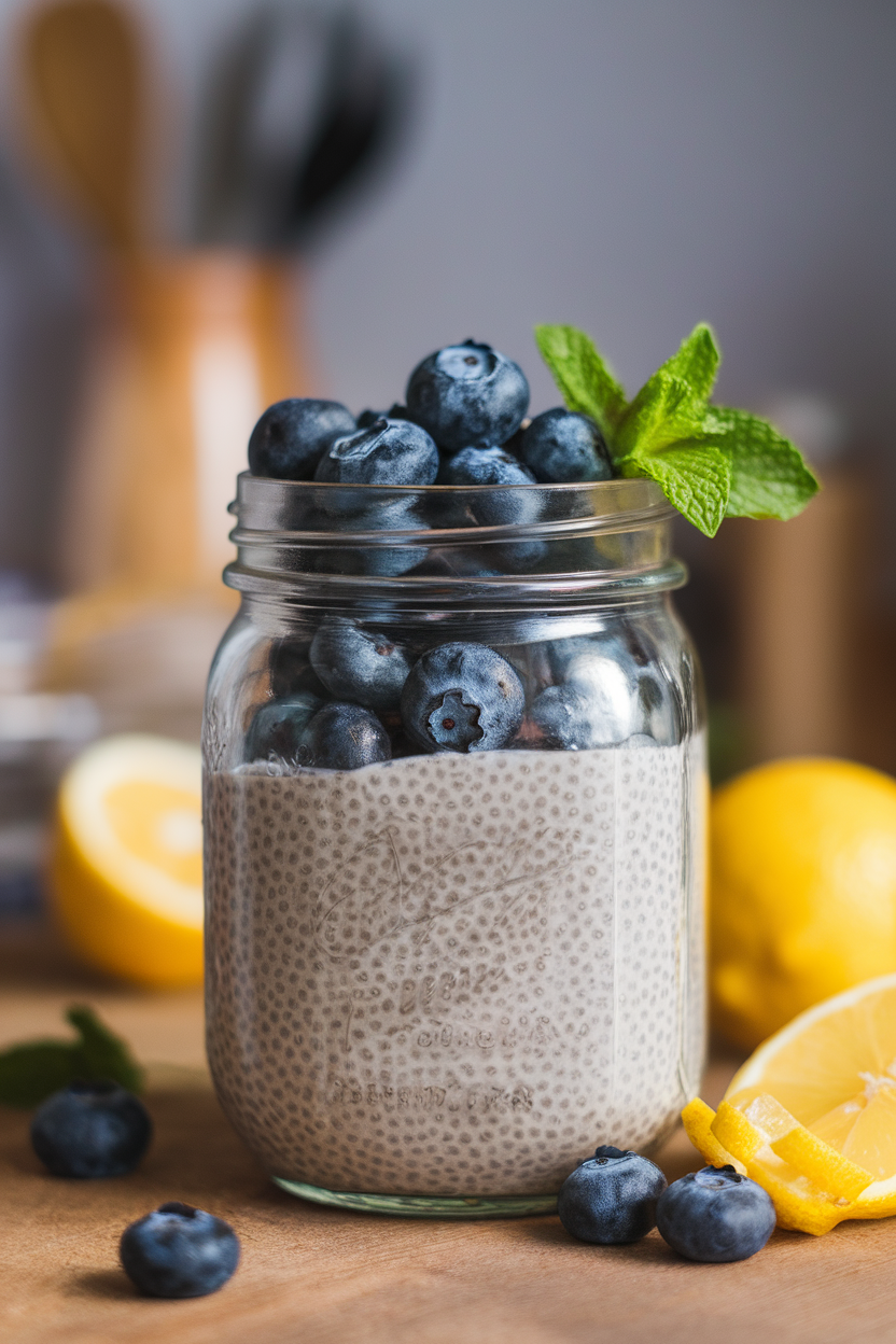 A mason jar layered with chia pudding and fresh blueberries, sitting on an indoor countertop. Photo, no text or logos.