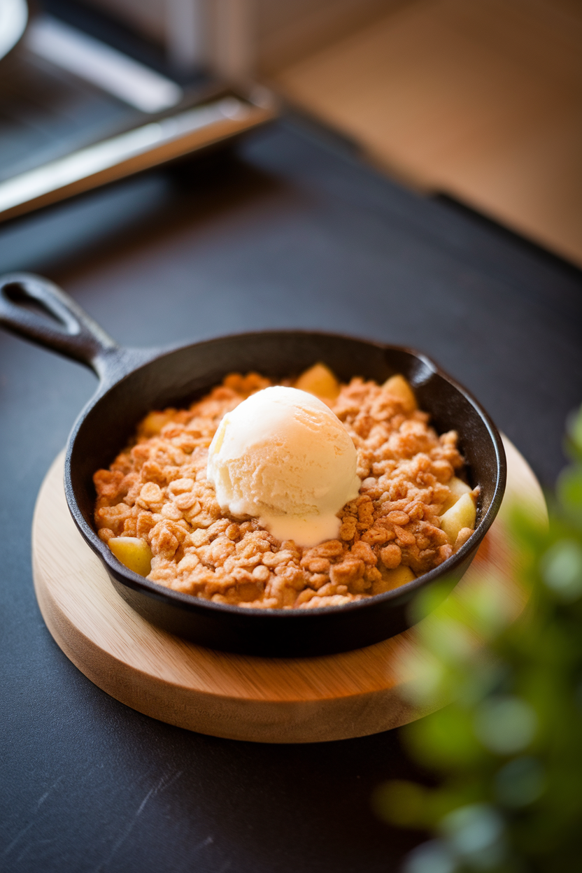 Indoor photo of a small cast-iron skillet holding a bubbling apple crumble with golden oat topping, a scoop of melting vanilla ice cream on top; warm overhead lighting; no text or logos. Photo, not illustration.