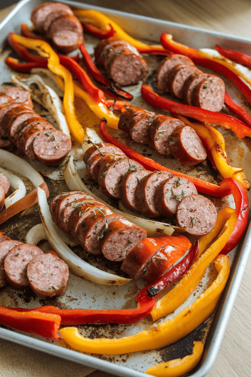 Indoor photo of a sheet pan filled with sliced cooked sausages, colorful bell peppers, and onion strips, lightly charred at the edges. No logos anywhere in frame.