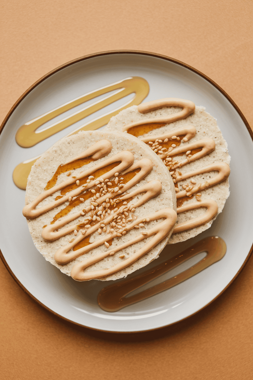An indoor tabletop with two plain rice cakes spread lightly with creamy tahini, drizzled with thin lines of honey, sesame seeds sprinkled on top. No logos or text. Photo only.