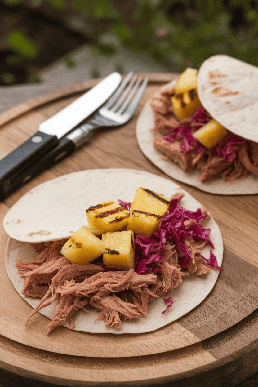 An indoor countertop with two soft tortillas filled with shredded pulled pork, diced grilled pineapple, and a sprinkle of red cabbage. No logos.