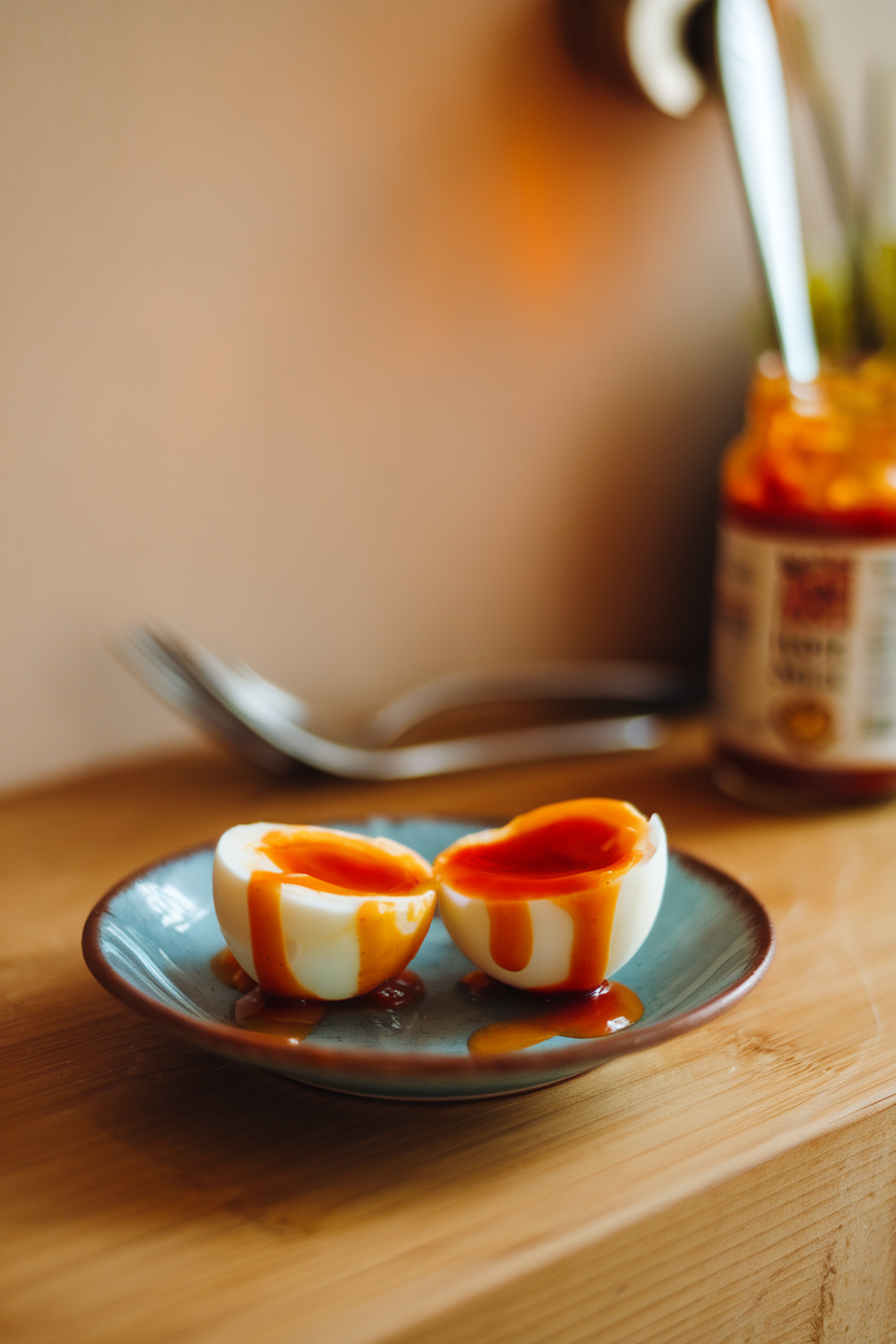 A small indoor plate holding two peeled hard-boiled egg halves drizzled with vibrant hot sauce, no text or logos, photo not illustration.