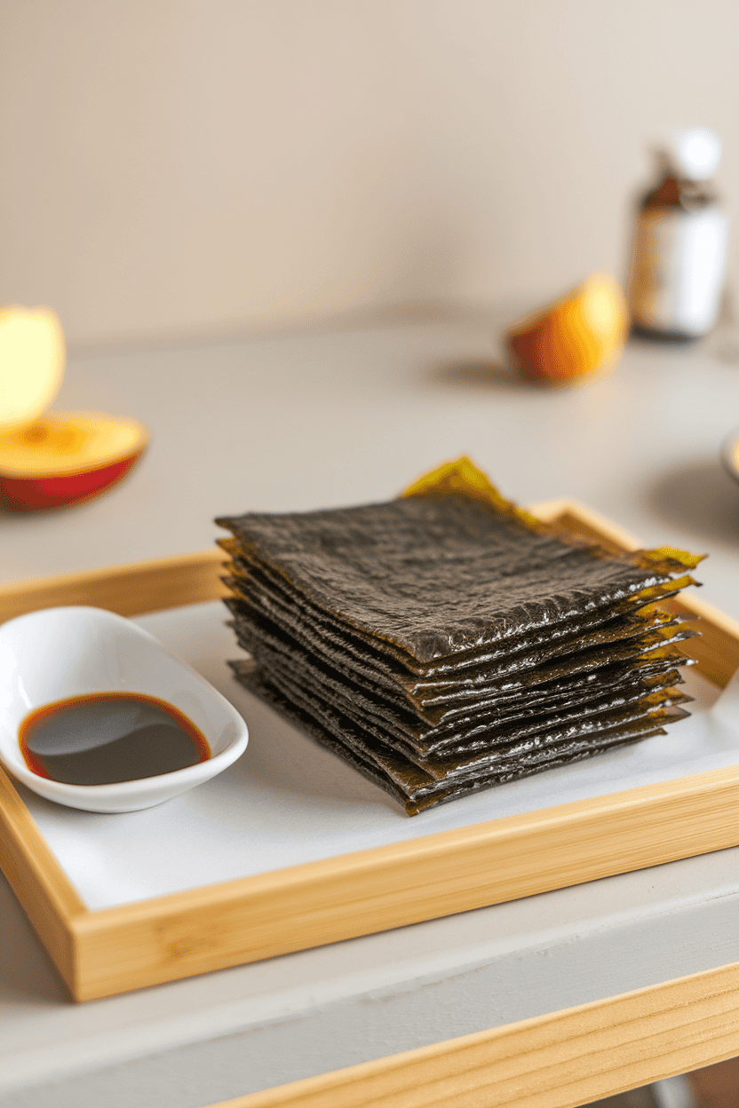 An indoor snack tray with a tidy stack of roasted seaweed sheets, edges slightly glossy with sesame oil, a small dish of tamari beside them. No text or logos. Photo only.