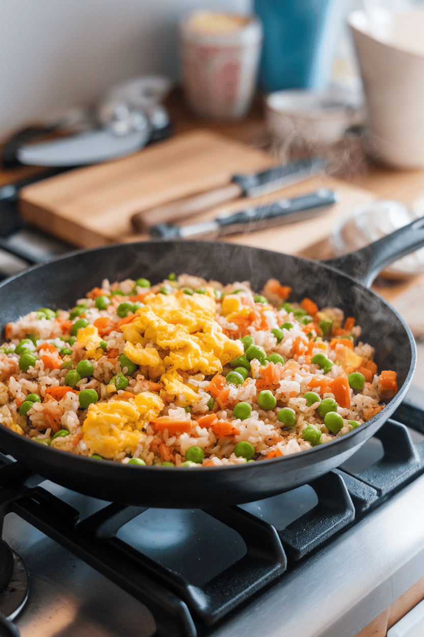 Photo, indoor stovetop scene, a skillet piled high with colorful fried rice—peas, carrots, leftover rice, and scrambled egg—steam rising; no text or logos visible.