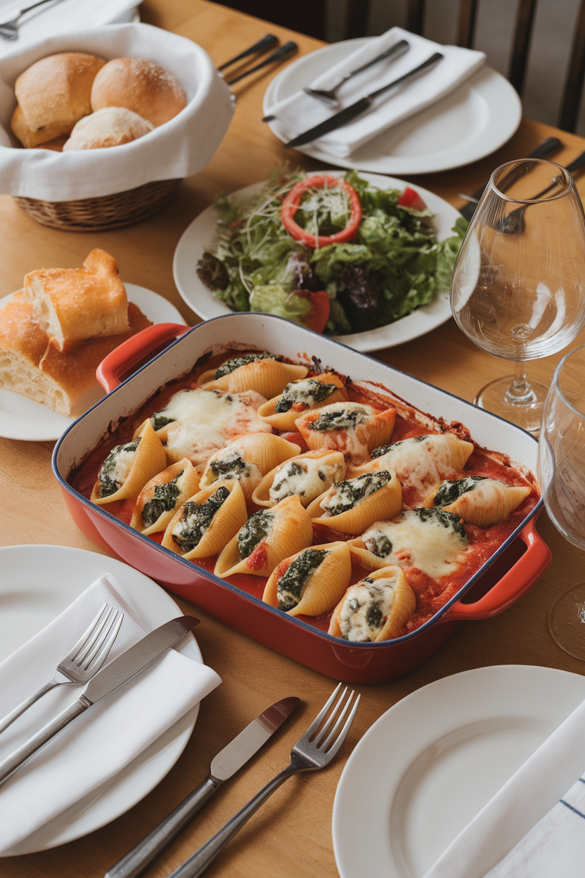 An indoor dining table showing a baking dish of jumbo pasta shells filled with spinach ricotta, blanketed in marinara, cheese melted on top. No visible text or logos.