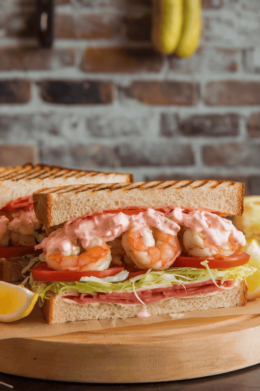 An indoor deli board displaying a halved shrimp po’ boy sandwich filled with crispy cooked shrimp, shredded lettuce, tomato slices, and remoulade sauce. Photo, not illustration. No text or logos.