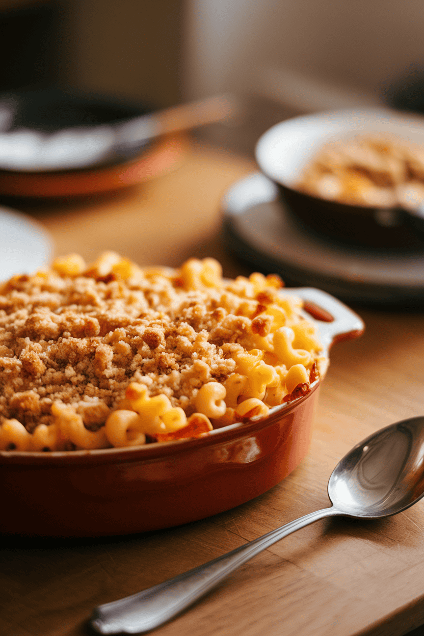 Indoor dining table featuring a bubbling casserole dish of golden baked macaroni and cheese with a breadcrumb topping; serving spoon nearby, no text or logos, captured as a photo.