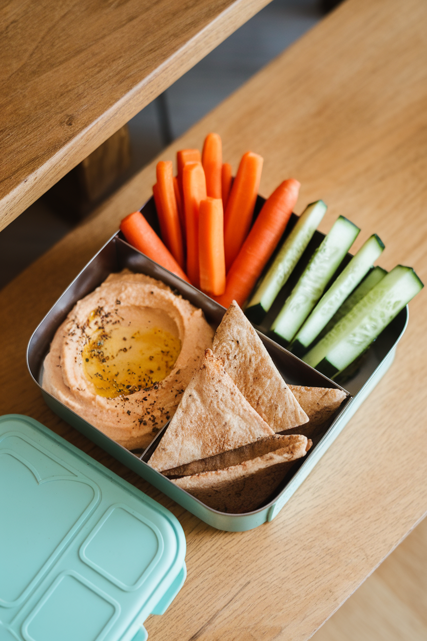 Photo indoors of a divided bento box containing hummus, carrot sticks, cucumber spears, and mini whole-grain pita triangles. Even lighting, no text or logos.