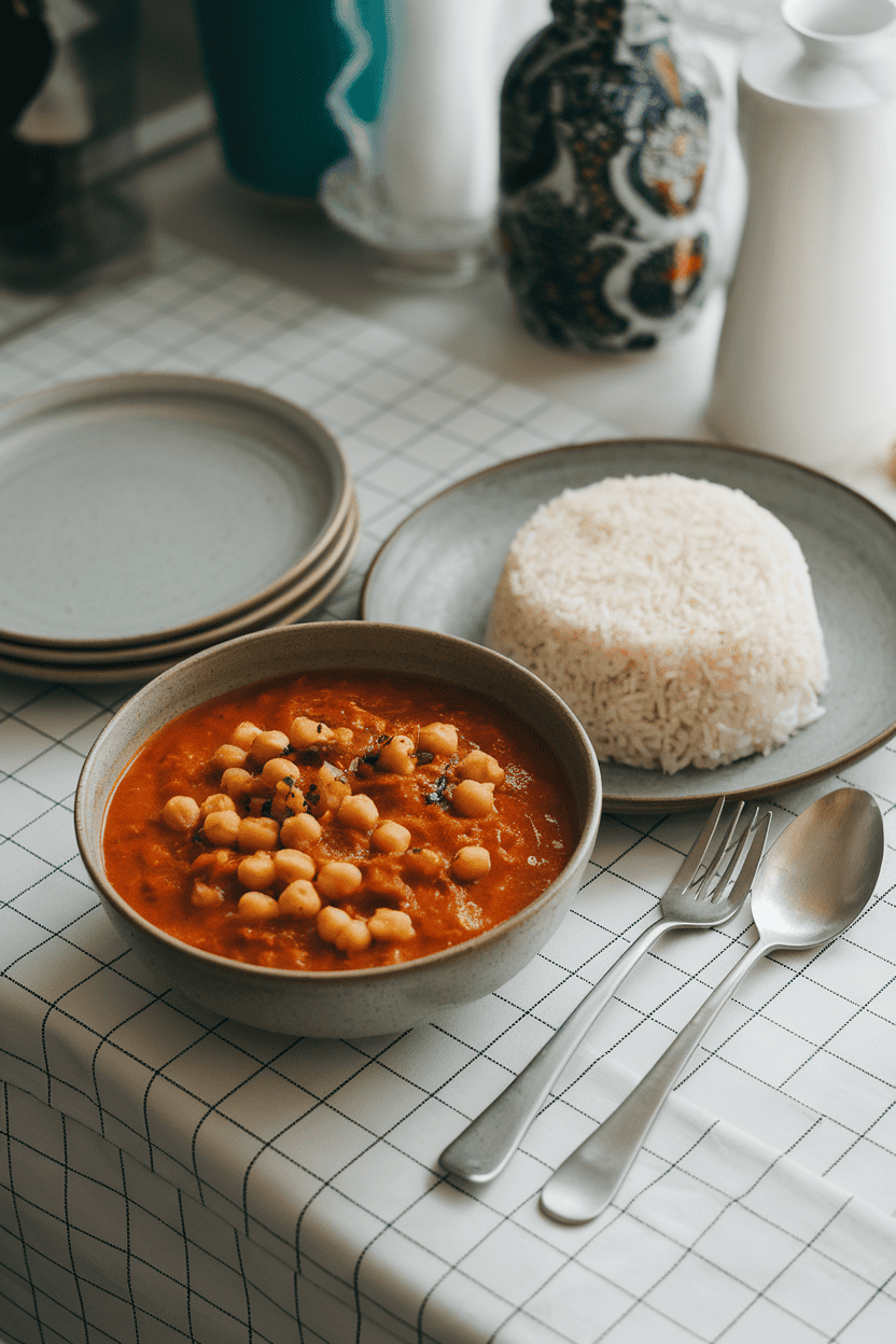 Photo of a small indoor dining table featuring a bowl of cooked chickpea curry in tomato sauce beside a mound of white rice; no text or logos present.