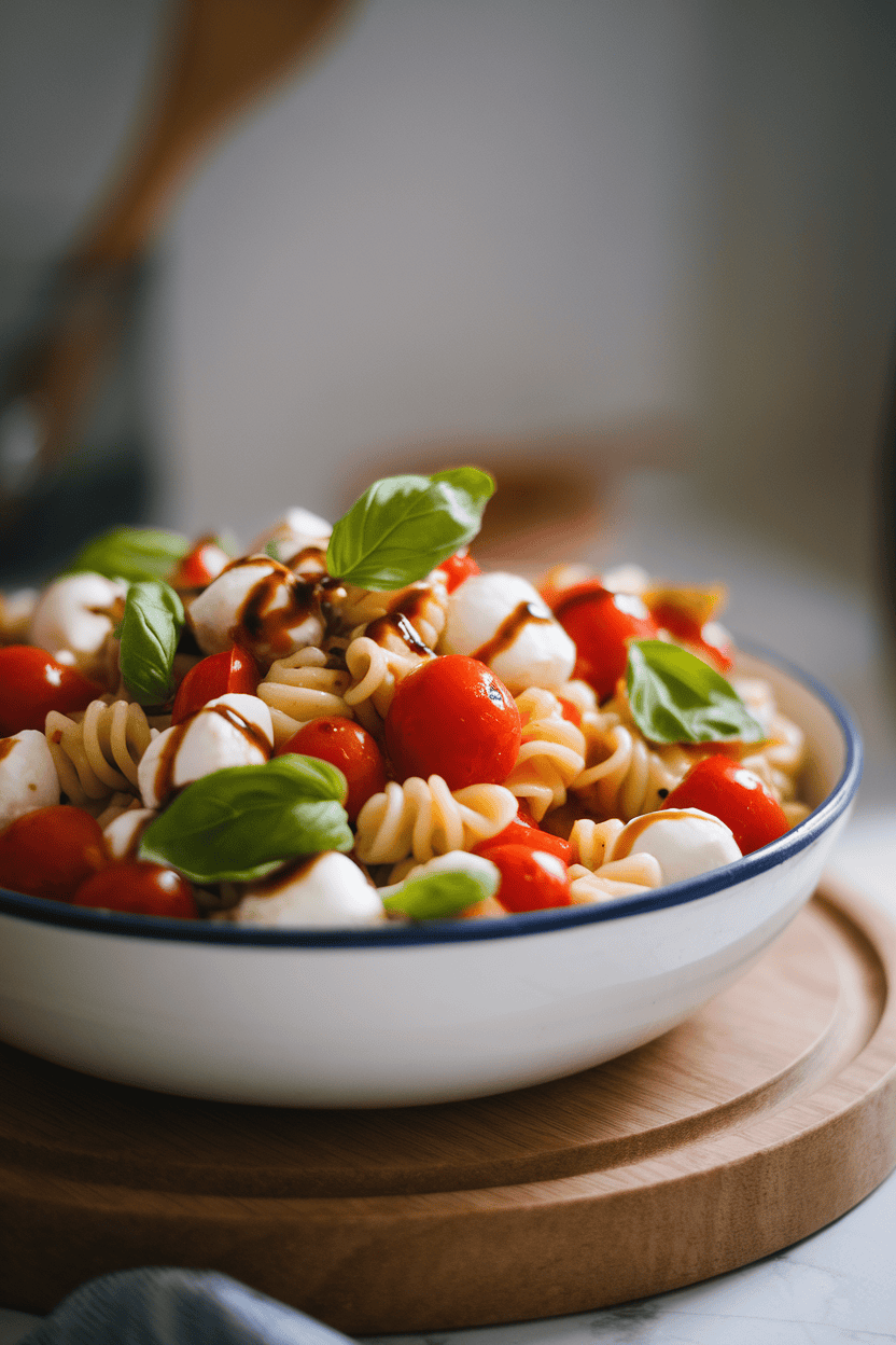 A softly lit indoor bowl of pasta salad featuring cherry tomatoes, mozzarella pearls, basil leaves, and a light balsamic glaze. No branding present.