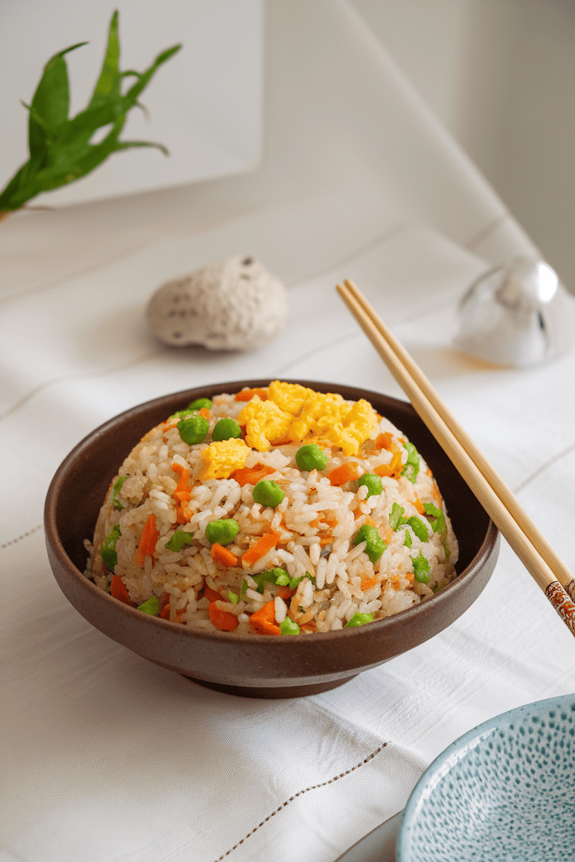 A ceramic bowl of colorful vegetable fried rice on an indoor table, studded with peas, carrots, and scrambled egg, chopsticks resting nearby. No text or logos in sight.