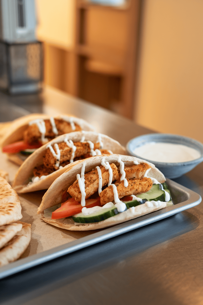 Indoor counter with open pita halves stuffed with seasoned chicken strips, cucumber, tomato, and a drizzle of yogurt sauce. No logos or text, warm lighting. Photo only.