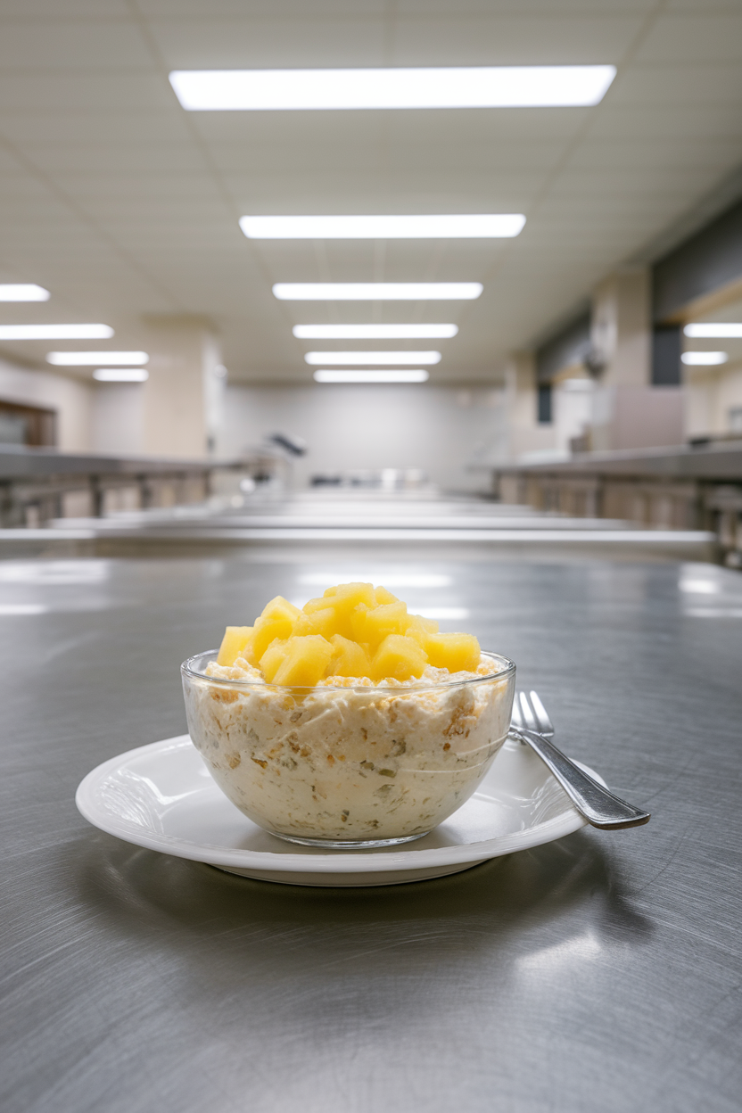 Photo — an indoor cafeteria table displaying a clear bowl of low-fat cottage cheese topped with bright pineapple tidbits. Even overhead lighting; no text or logos in scene.