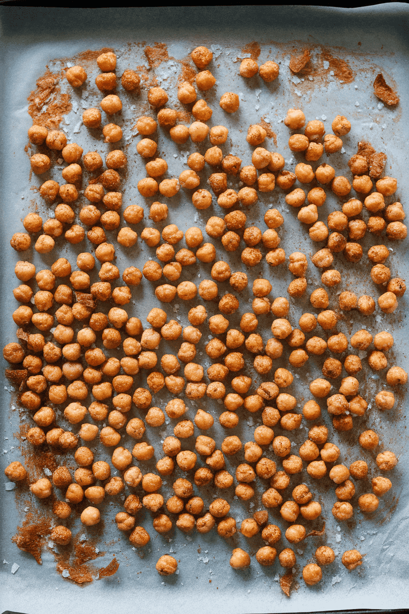 An indoor baking sheet lined with parchment showing golden, crispy roasted chickpeas seasoned with paprika and sea salt. No branding or text in sight.