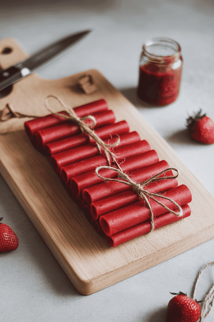 Indoor cutting board with several rolled homemade strawberry fruit leather strips tied loosely with twine. Neutral lighting, no text or logos, photo only.
