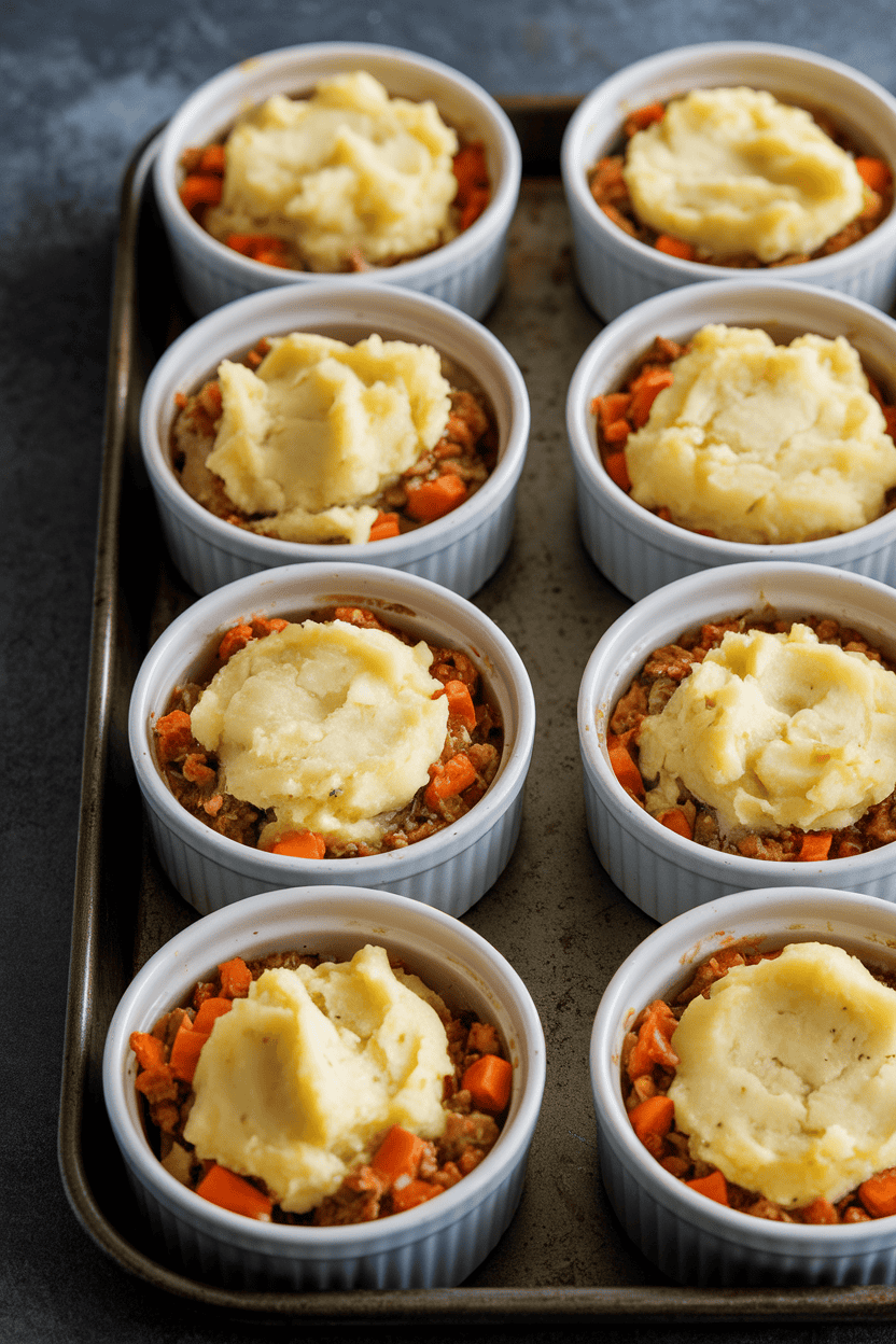 An indoor baking tray holding individual ramekins filled with shepherd’s pie—golden mashed potato tops covering colorful veggie-beef filling beneath. No text or branding.