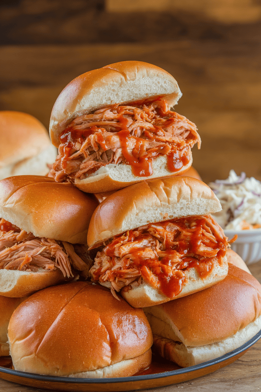 Indoor photo of a platter of BBQ pulled chicken piled high on hamburger buns, extra sauce glistening, with a small bowl of coleslaw on the side. No text or logos.