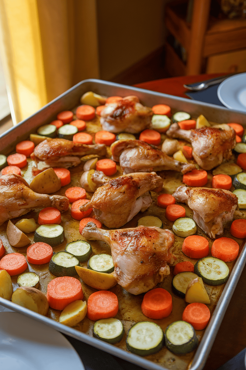 Indoor dining table with a large sheet pan of roasted chicken legs surrounded by colorful carrot coins, zucchini chunks, and potato wedges, all glistening with olive oil under warm lighting, no text or logos visible.