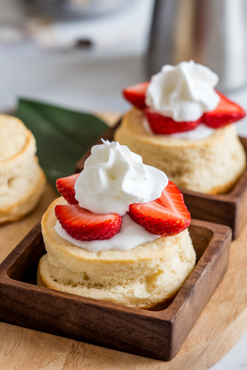 Indoor bakery-style photo showing two split buttermilk biscuits, fresh strawberry slices, and a dollop of whipped cream in separate compartments. No text or branding, photo only.