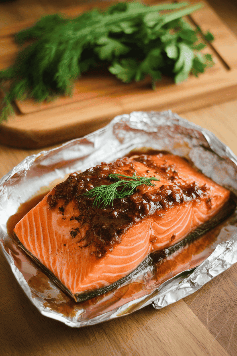 Warm indoor photo featuring cooked salmon glazed with dark brown sugar-bourbon sauce, slight caramelization visible, sitting on foil. No text or logos.