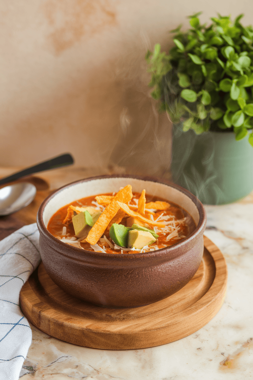 Photo of a ceramic bowl of steaming tortilla soup topped with crispy tortilla strips, avocado cubes, and shredded cheese; indoor countertop scene; no logos or text.