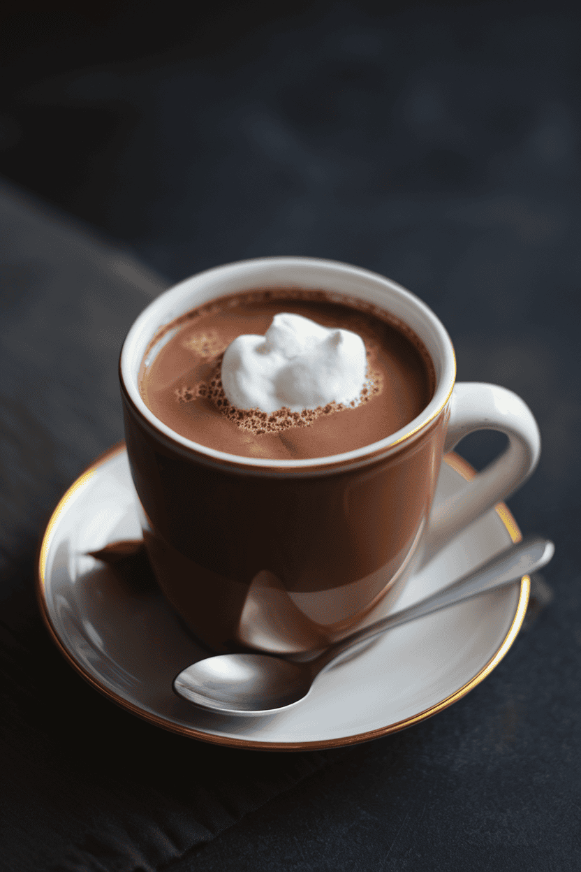 An indoor mug of thick, velvety Italian hot chocolate topped with a small dollop of whipped cream, set on a saucer with a tiny spoon. No text or logos. Photo, not illustration.