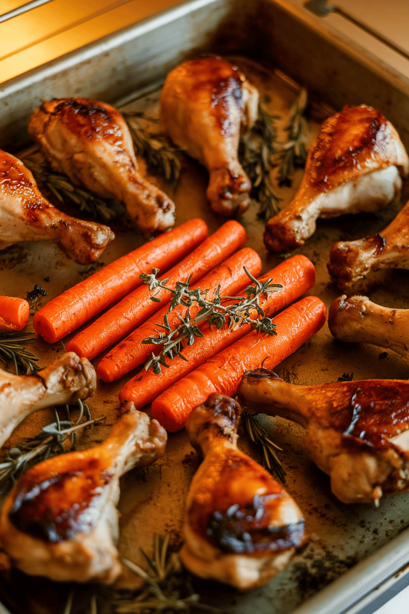 Indoor oven tray showing roasted chicken drumsticks with caramelized skins alongside charred carrot sticks, herbs scattered on top. No text or logos, warm baking-dish light. Photo only.