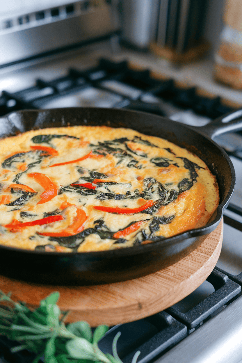 A cast-iron skillet on an indoor stovetop containing a golden vegetable frittata studded with spinach, peppers, and cheese. No text or logos present.