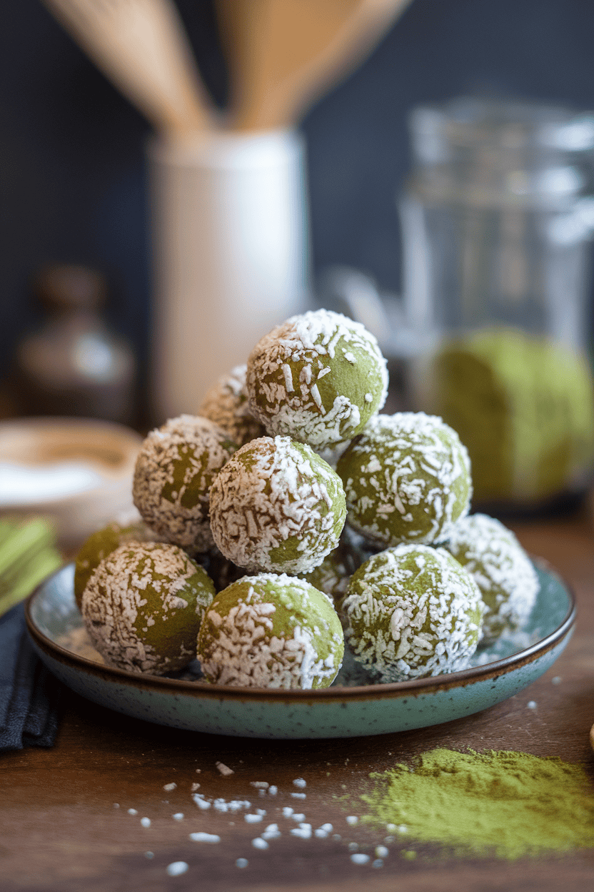 An indoor plate showing round green matcha energy bites coated lightly in shredded coconut, stacked neatly. No text or logos. Photo only.