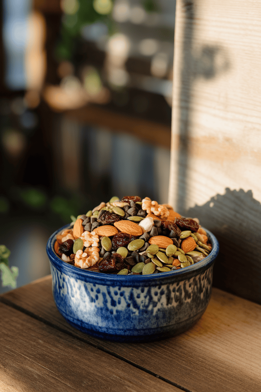 A ceramic indoor bowl brimming with a colorful mix of raw almonds, walnuts, pumpkin seeds, dried cherries, and dark-chocolate chips. No text or logos present. Photo, not illustration.