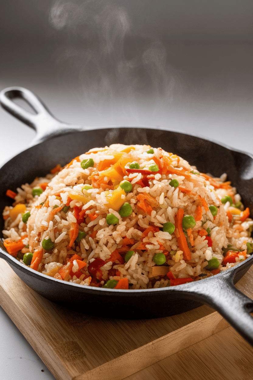 Photo of a skillet-style bowl brimming with colorful vegetable fried rice, steam drifting upward indoors; no text or logos anywhere.