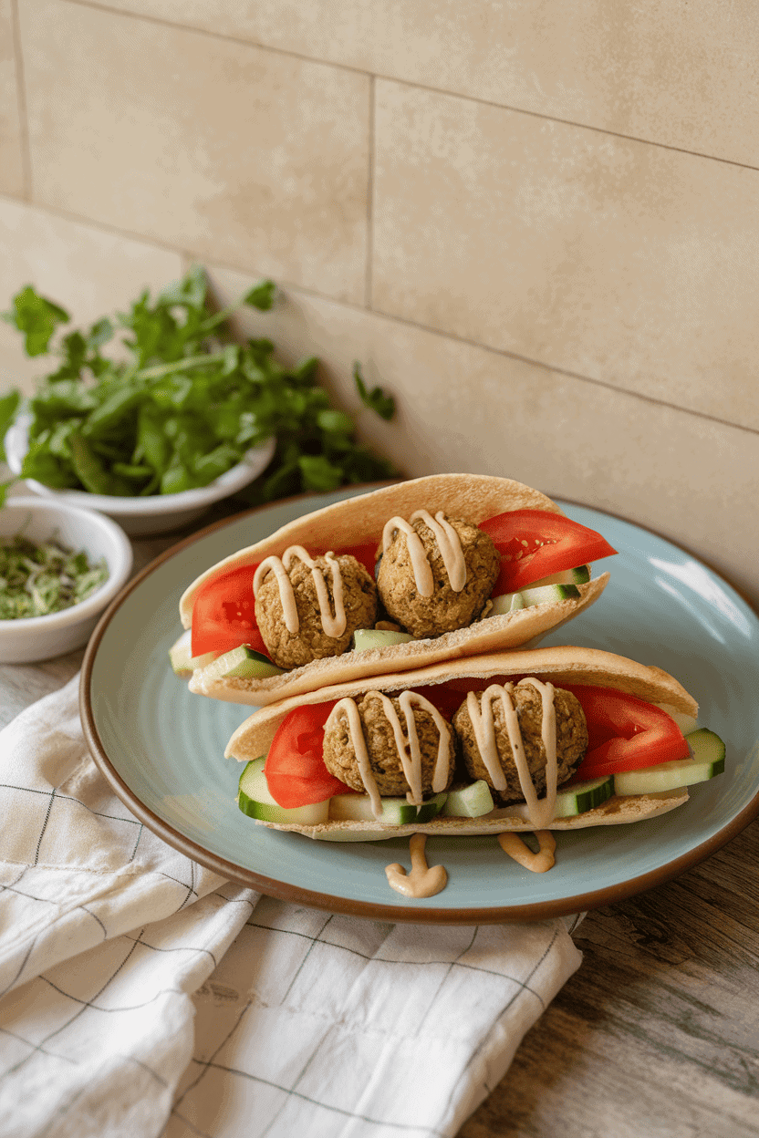 Indoor photo of pita halves filled with cooked falafel balls, tomato, cucumber, and tahini drizzle, no text or logos.