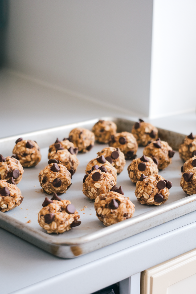 A baking sheet on an indoor counter lined with bite-size oatmeal energy balls studded with chocolate chips, no text or logos.