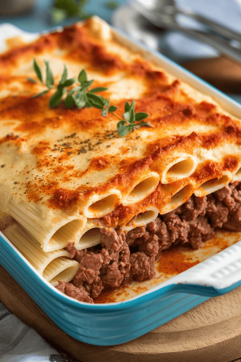 An indoor casserole dish of baked pastitsio showing layers of tubular pasta, cinnamon-spiced beef, and creamy béchamel top; photo, no text or logos.