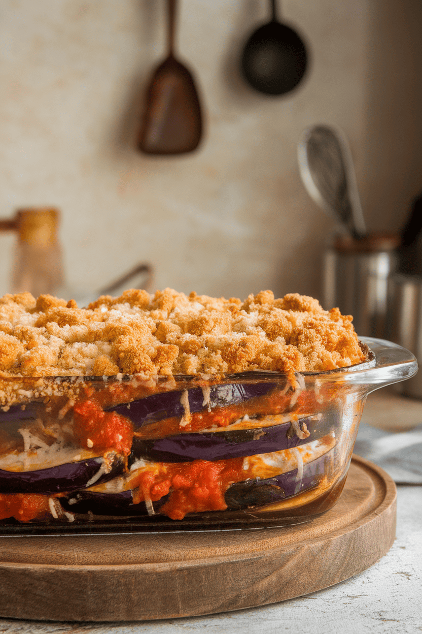 An indoor dining scene featuring a casserole dish of baked eggplant rounds layered with tomato sauce and cheese, breadcrumb topping lightly browned. Photo only; no text or logos.
