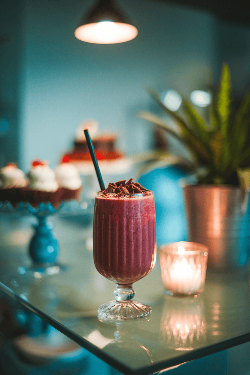 Indoor dessert counter showing a dark-red cherry smoothie in an old-fashioned soda glass, chocolate shavings on top; low romantic lighting; photograph, not illustration; no text or logos.