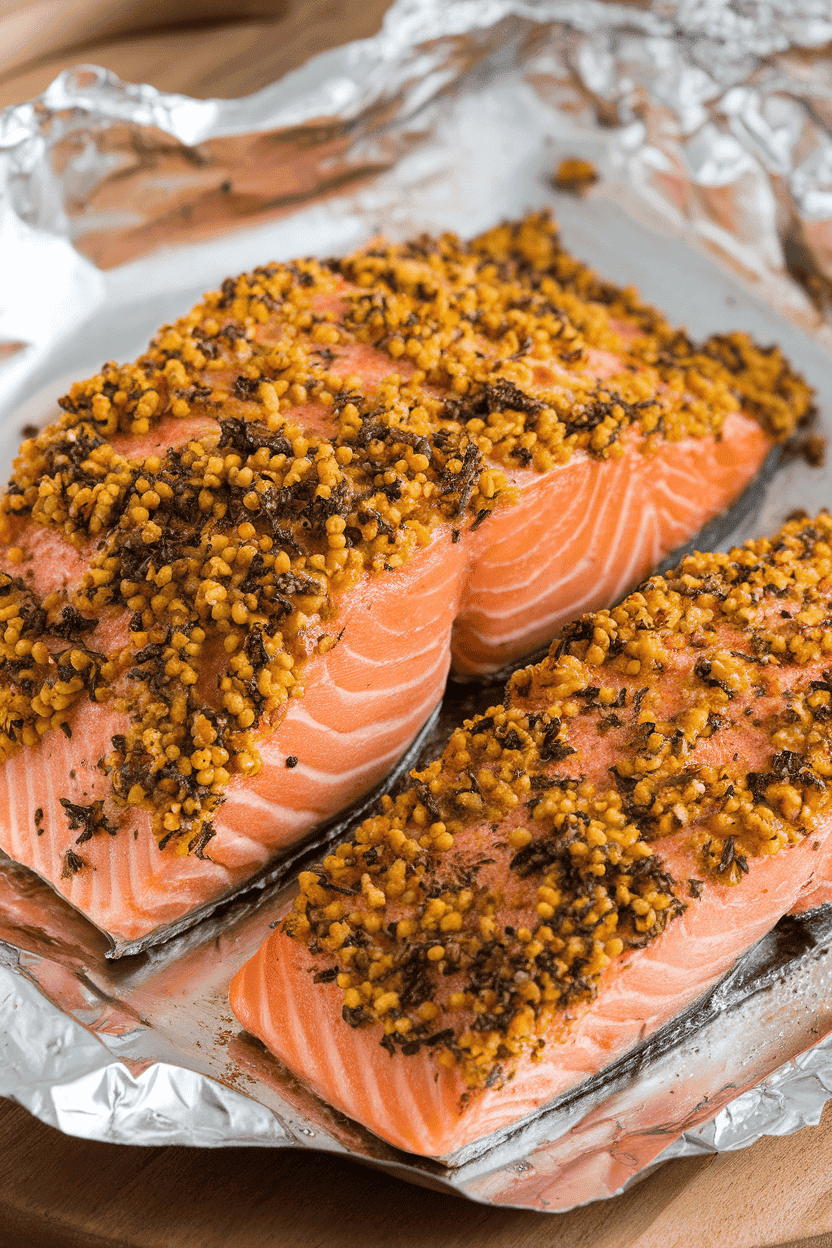 Indoor photo of cooked salmon coated with grainy mustard and herb crust, edges slightly browned, displayed on foil. No text or logos anywhere.