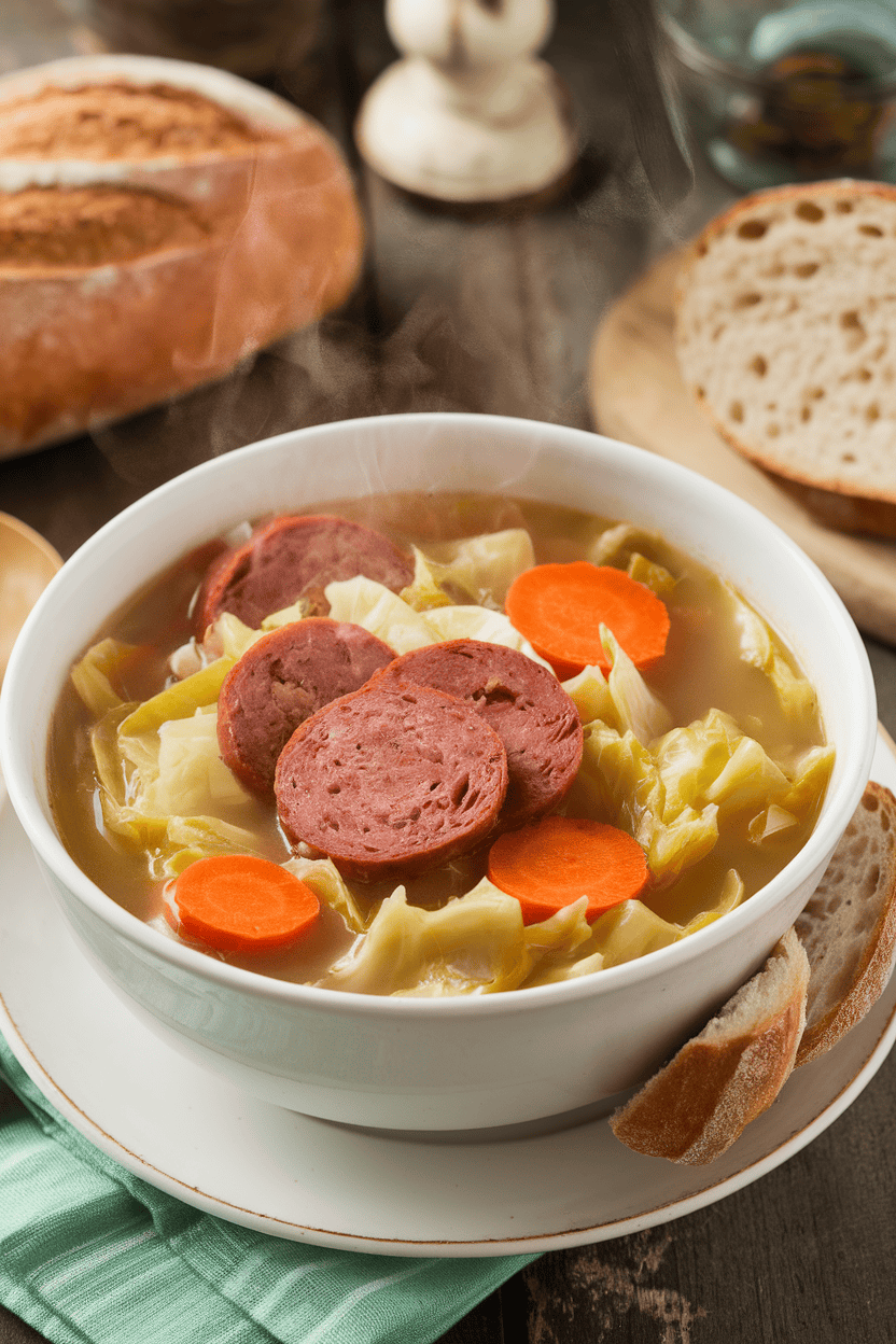 Photo indoors of a steaming bowl of cabbage and sausage soup featuring sliced kielbasa, carrot rounds, and broth; no text or logos.
