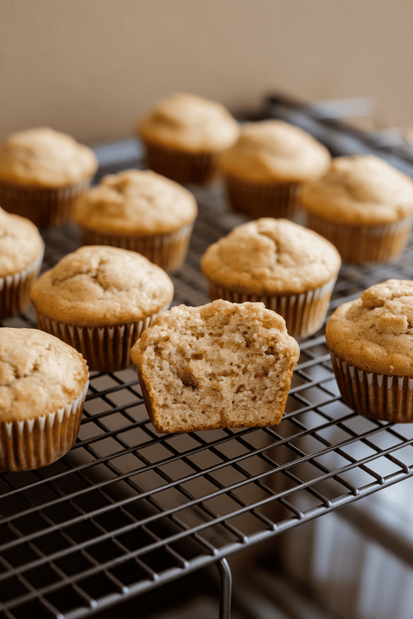 An indoor cooling rack holding several golden mini banana muffins, a few sliced open to show moist centers, no text or logos, photo.