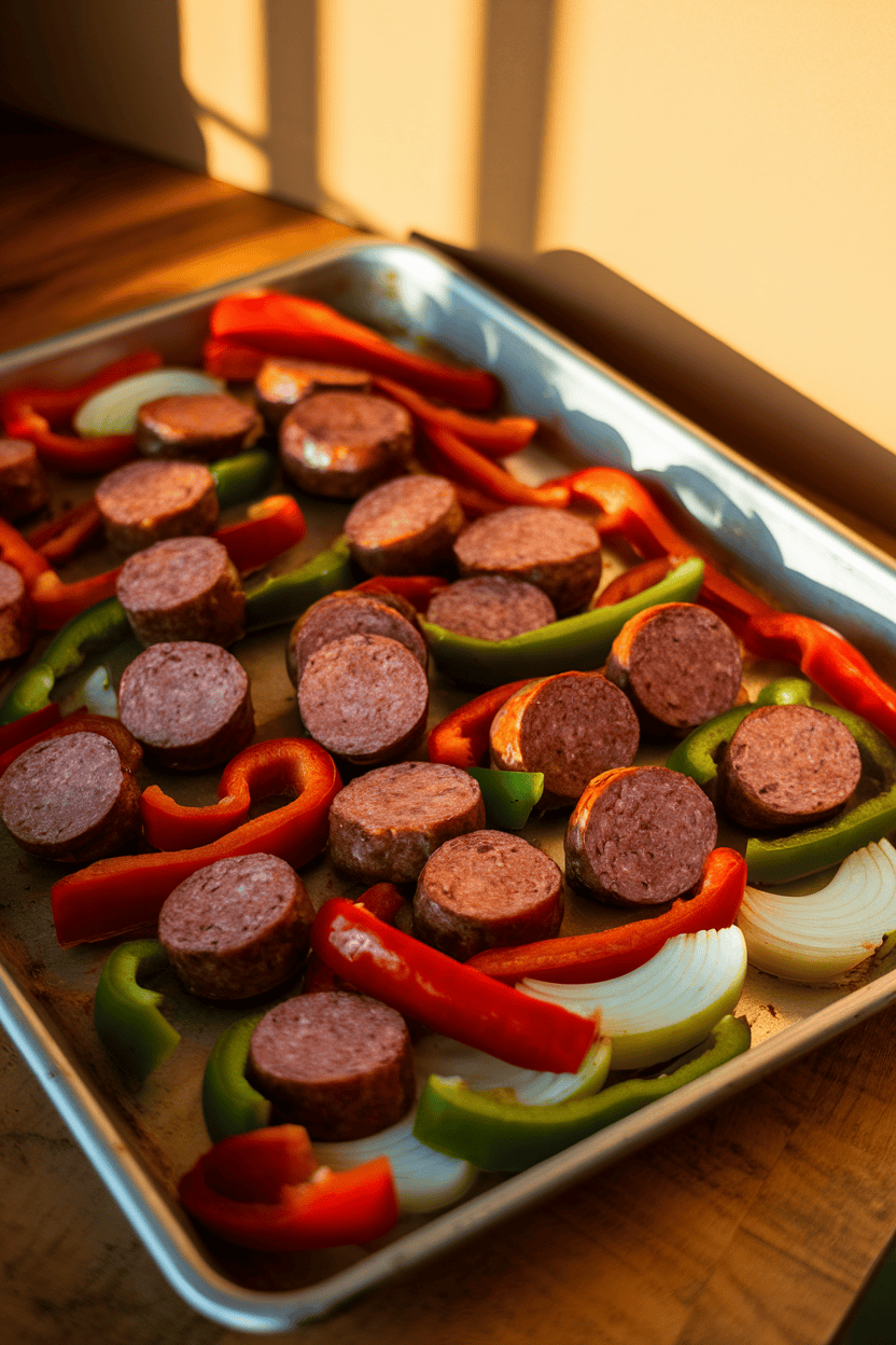 Indoor sheet pan loaded with sliced sausage links, red and green bell pepper strips, and onion wedges, all roasted to caramelized perfection. No text or logos, warm kitchen light. Photo only.