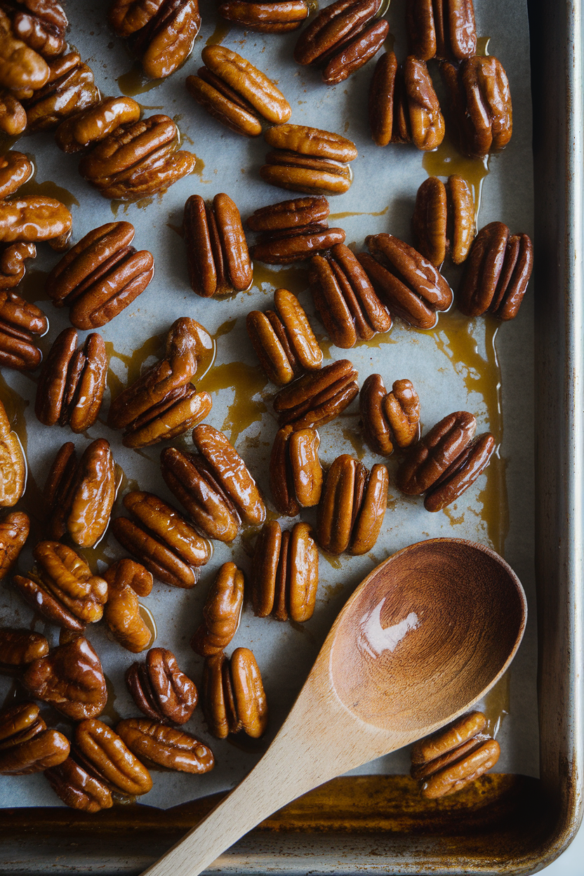 Indoor photo of glossy candied pecans cooling on a baking sheet, wooden spoon nearby; overhead light; no text or logos. Photo, not illustration.