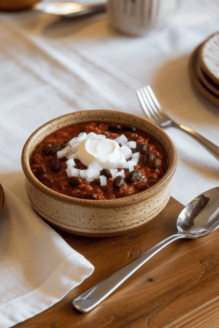 Photo, indoor dining table, a ceramic bowl of thick black bean chili topped with diced onions and a dollop of sour cream; no text or logos anywhere.