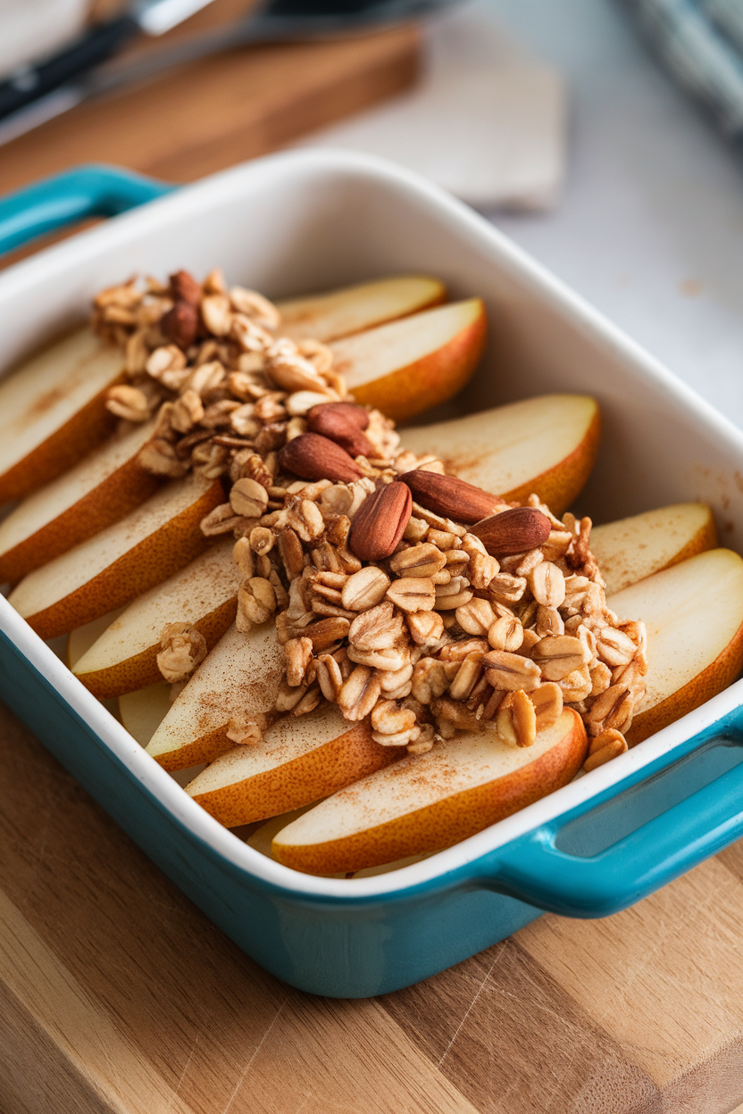 Indoor photo of a small baking dish holding tender pear slices under a nutty oat topping, cinnamon visible on fruit. No logos or text present.