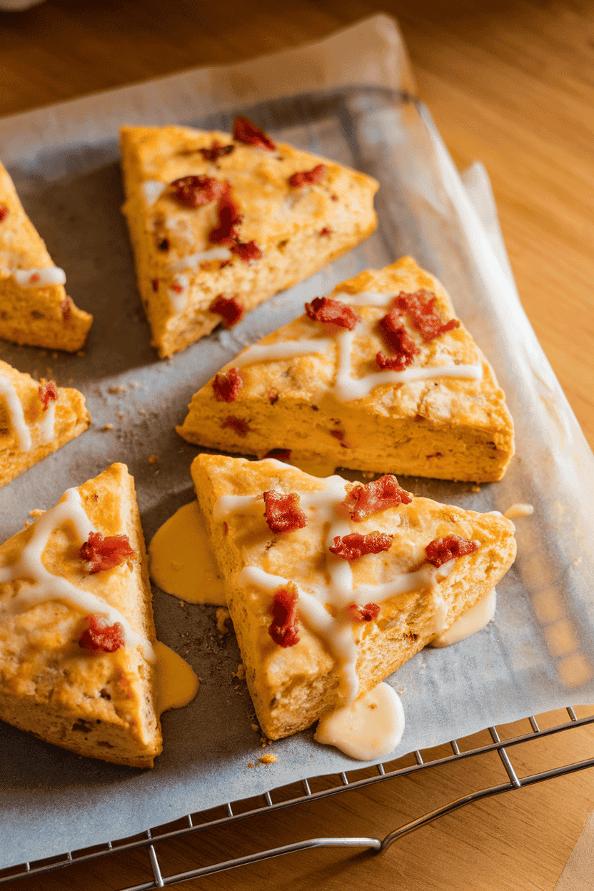 A parchment-lined indoor cooling rack with triangular scones flecked with bacon bits and melted cheddar pools; no branding, warm light. Photo, not illustration.
