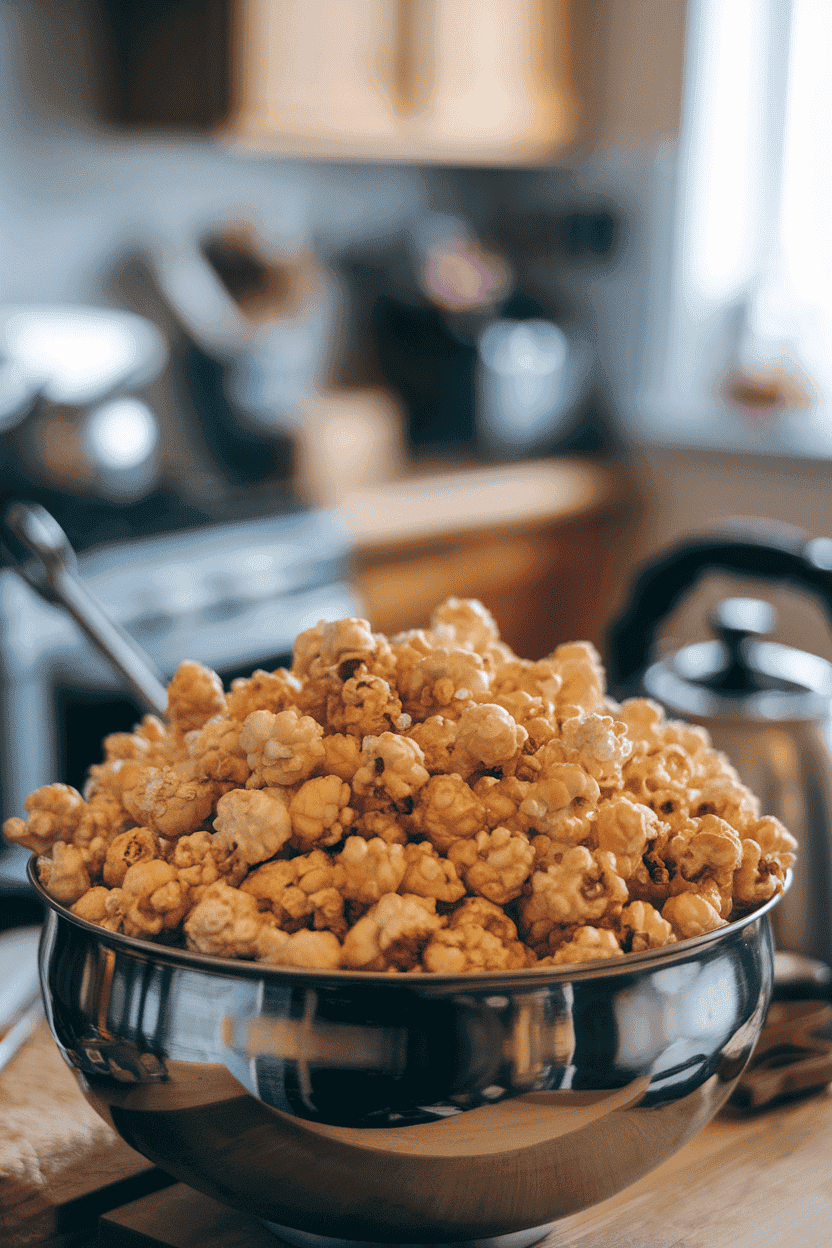 An indoor kitchen scene with a stainless bowl filled with glossy kettle corn—each kernel lightly caramelized, grains of salt visible. Photo, not illustration. No text or logos.